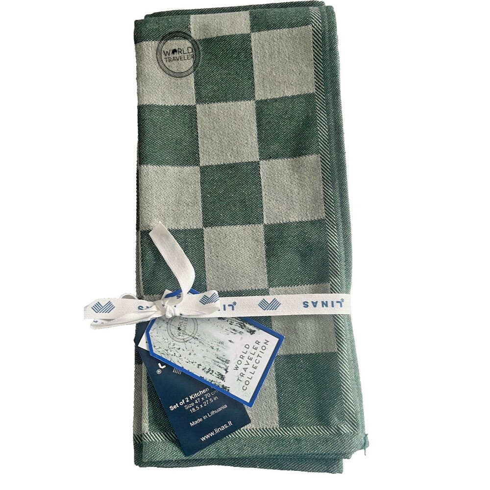 Linas World Traveler Kitchen Dish Towels Set of 2 Green Recycled Cotton Check